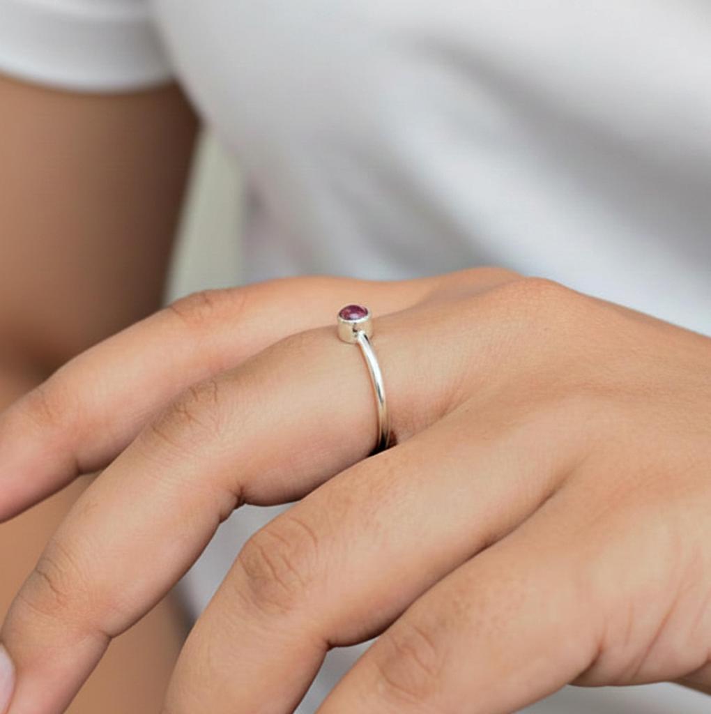 Pink Tourmaline Round Stacking Ring for Women, 925 Sterling Silver, Minimalist Tiny Ring, Everyday Wear Ring