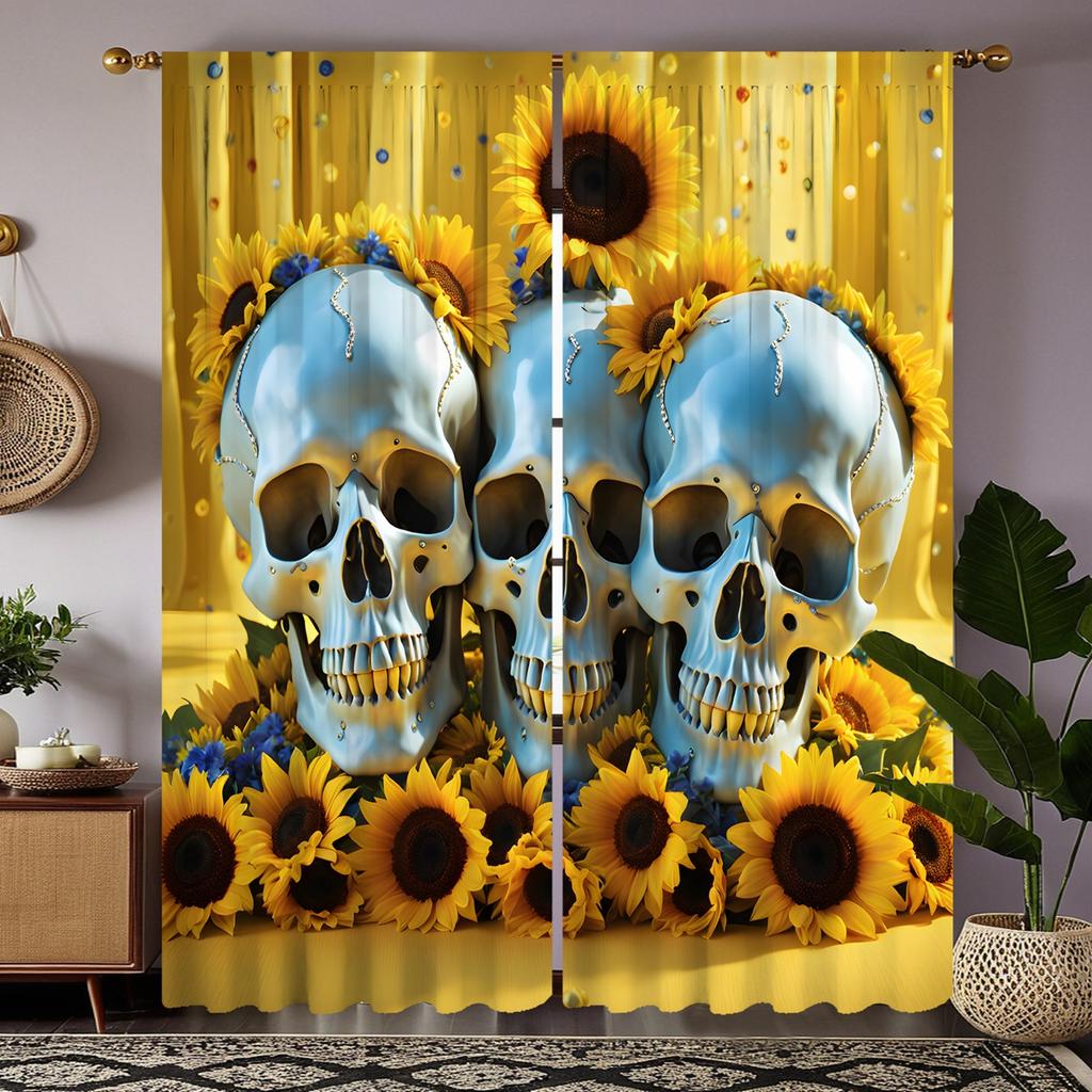 2pcs set HD Halloween Sunflowers surround Skull curtain Yellow tie digital printed curtain Home Decor style Decorate living r