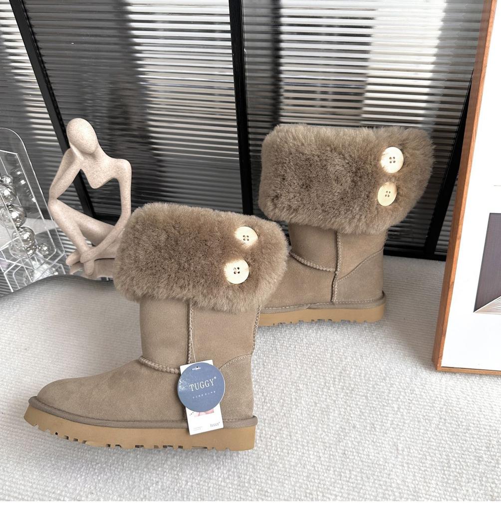 Modische, personalisierte Damen-Schneestiefel mit Knöpfen aus echtem Schaffell und Wolle, modisch und warm, gefüttert mit echtem Leder und Fell