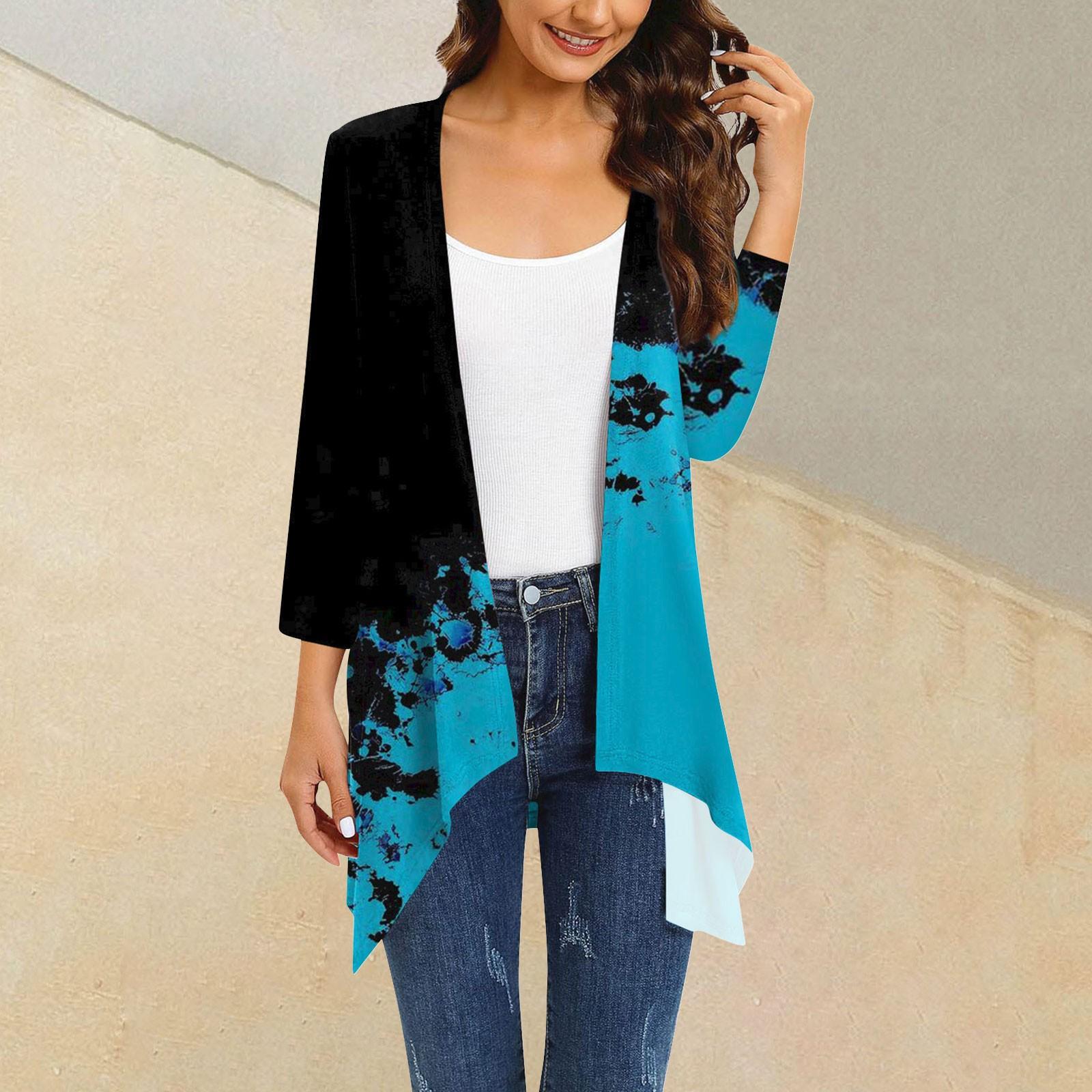 

Женский кардиган с цветочным принтом неправильной формы, рукавом 3/4, повседневная накидка с карманами L циан