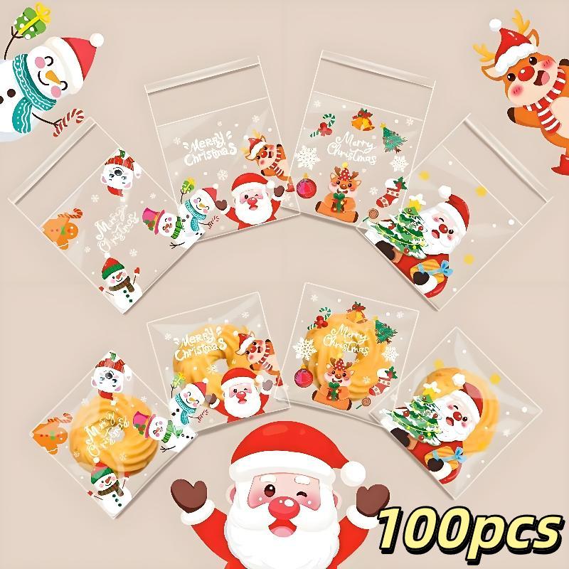 100 Stück Weihnachts-Geschenktüten Cartoon-Weihnachtsmann Xmas-Baum-Designs Transparente Selbstklebende Kekstüten Für Weihnachtsdekorationen