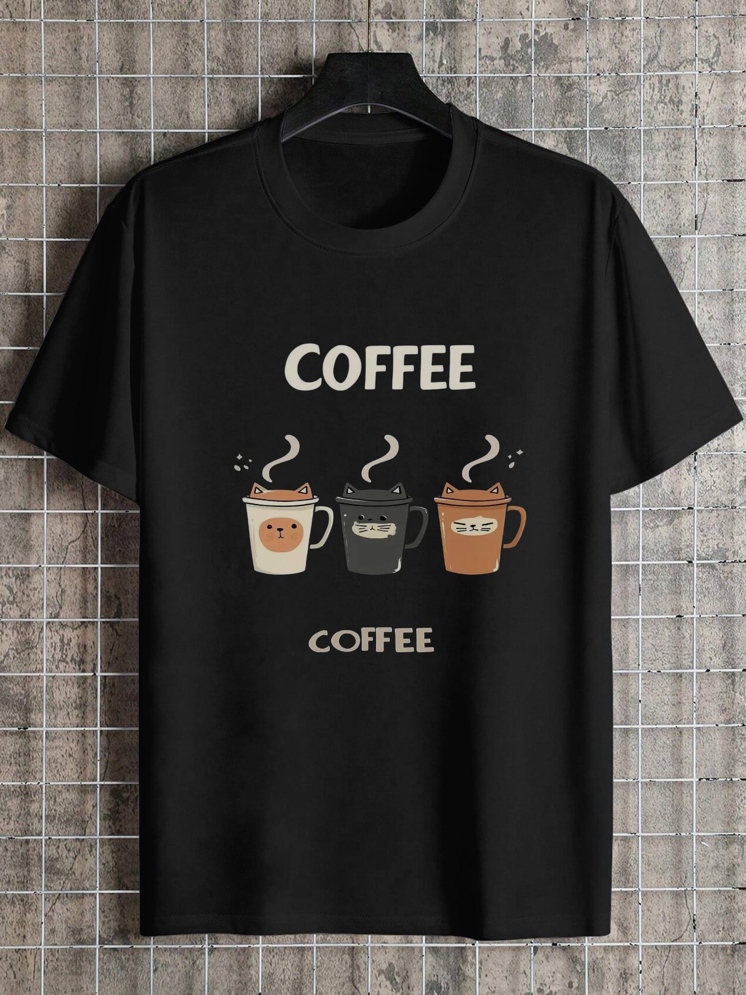 

1pc Casual Coffee Cat Face Graphic T-shirt - 180g Cotton Crew Neck Short Sleeve Tee with Latte Cappuccino Mocha Print XXXXL