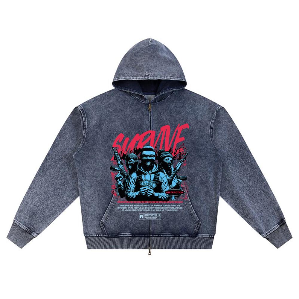 

DTG print Knitted Denim Zip-Up Hoodie Survive Brother Print Zipper Hoodies XL