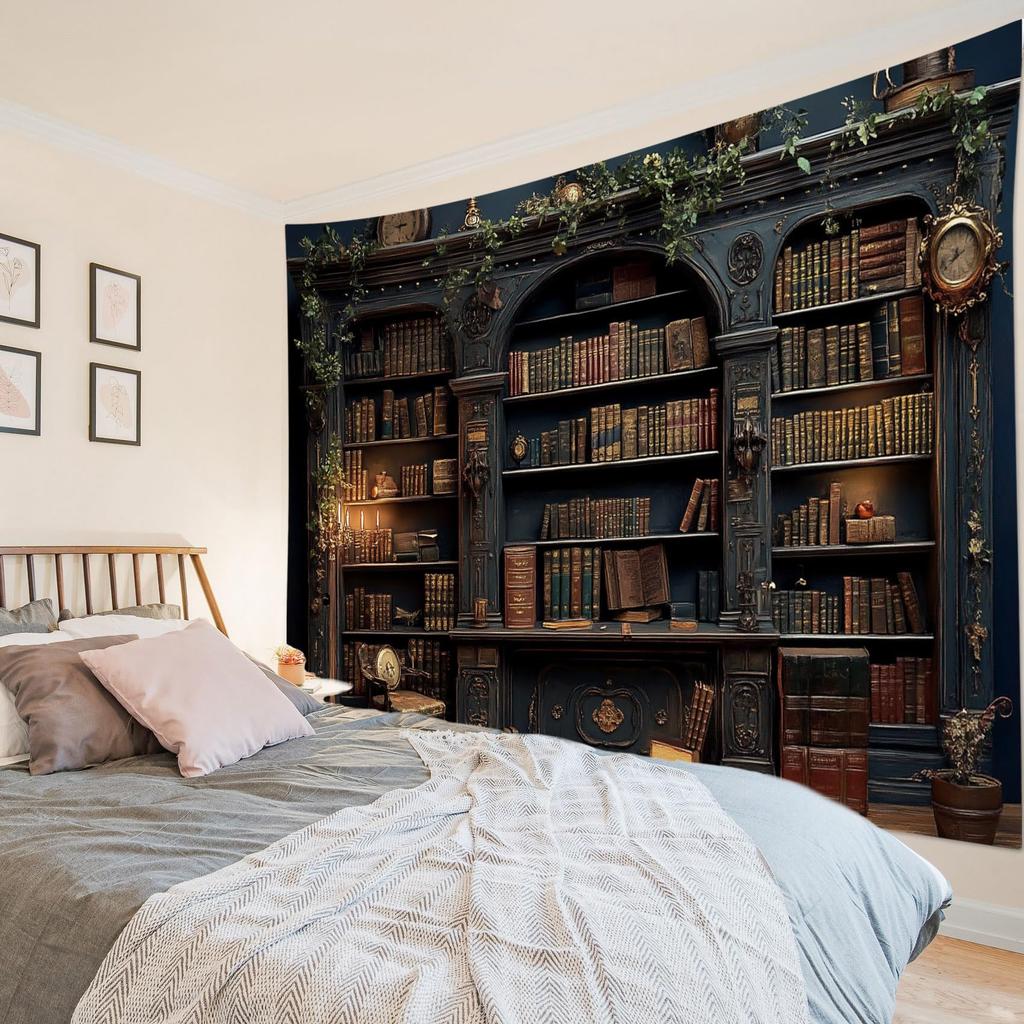 Vintage Bookshelf Tapestry Enchanted Castle Library Wall Hanging Bedroom Dormitory Living Room Decor