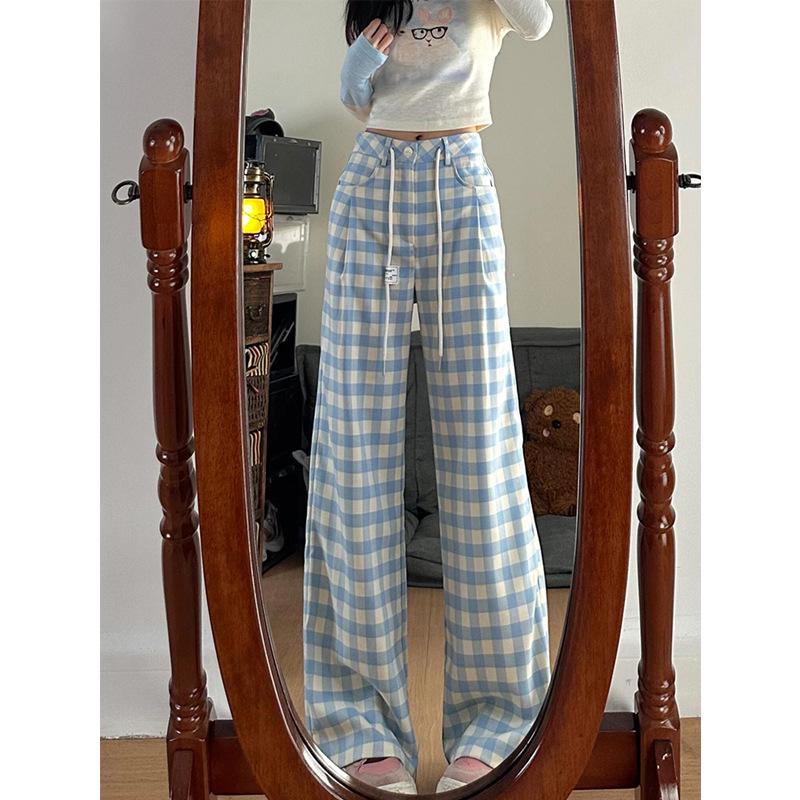 

2024 Trendy Blue Plaid High-Waisted Wide-Leg Casual Pants for Women L