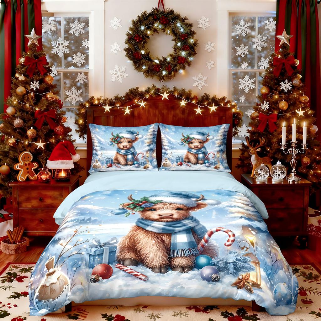 3PCS Merry Christmas Highland Cow Print Coreless Bedding Set Dormitory Bedroom Multiple Size Holiday Decoration Machine Washable