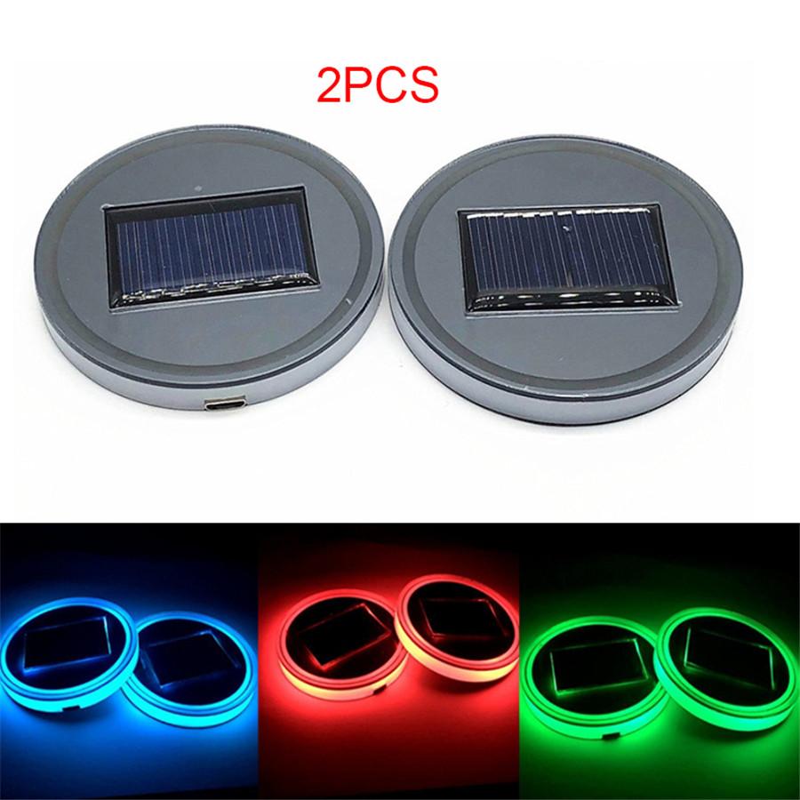 Çift 68mm Yuvarlak Solar+USB Şarjlı Araba Bardak Tutucu Alt 7 Renk RGB LED Işıklar