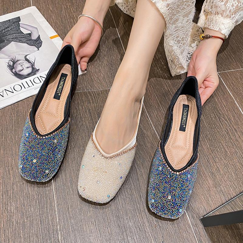Neue Schlichte Temperamentvolle Flache Schuhe Flacher Ausschnitt Eckige Spitze Strass Erbsenschuhe Lässige Flacher Absatz Einzelne Schuhe Damen