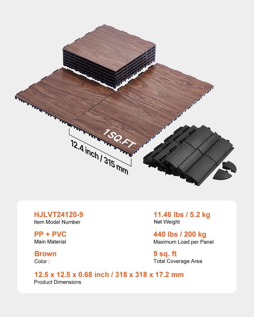 Gym Flooring Set 9 PCS Interlocking PP+PVC Puzzle Tiles