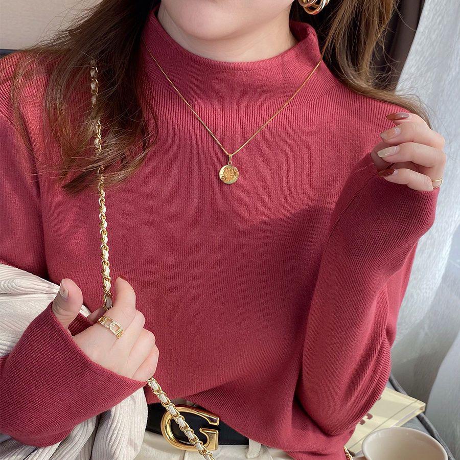 Women's 2024 Black Mock Neck Sweater: Base Layer for Spring & Autumn, Loose Half-High Neck Top.