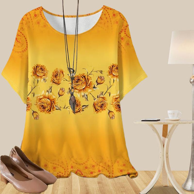 

Женская повседневная свободная весенняя рубашка, женские топы с коротким рукавом и принтом в виде нарисованных вручную мультяшных цветов 8XL оранжевый