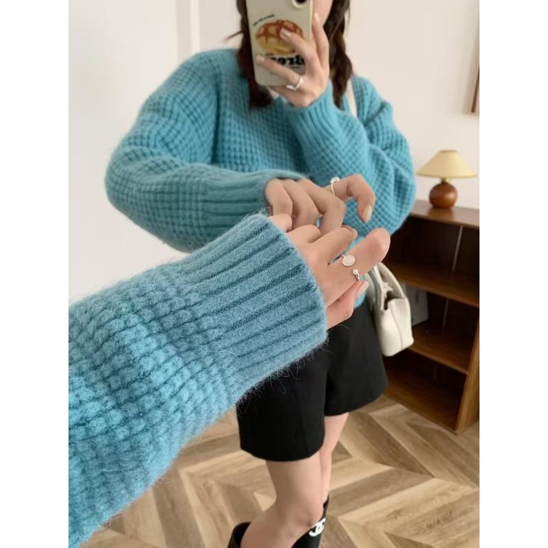 Short Waffle Double Zipper Knitted Cardigan Women's Autumn and Winter New Loose Versatile Sweater Jacket Tide
