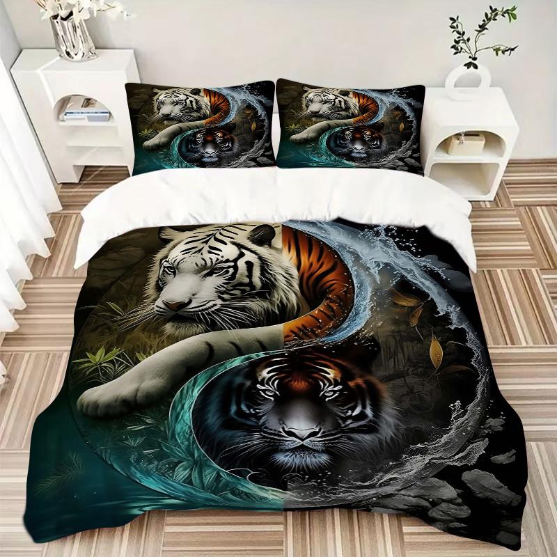 3pcs The Dual Nature of Tigers In Water and Fire Pattern Bedding Three-Piece Set (1 Cover + 2 Pillowcases, No Fillings), This Printed Bedding Set