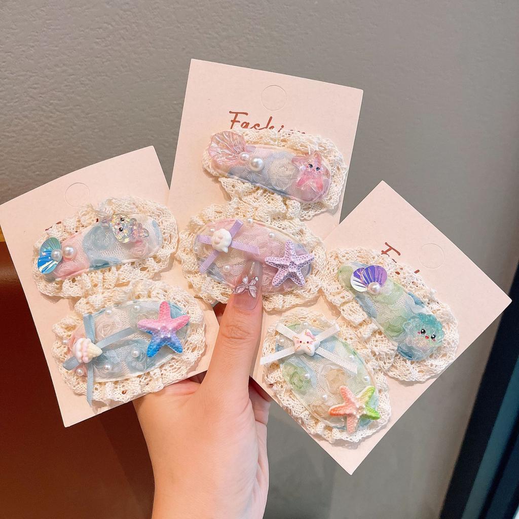 Spring And Summer Starfish Shell Lace Hairpin Children'S Sweet Broken Hair Bb Clip Baby Hair Accessories Hairpin Side Bangs Clip