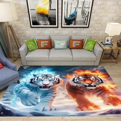 Doppelter Tiger mit Eisflammen-Effekten Wohnzimmer Großer Teppich Weiße Tiger-Muster Rutschfester Teppich für Heimdekoration