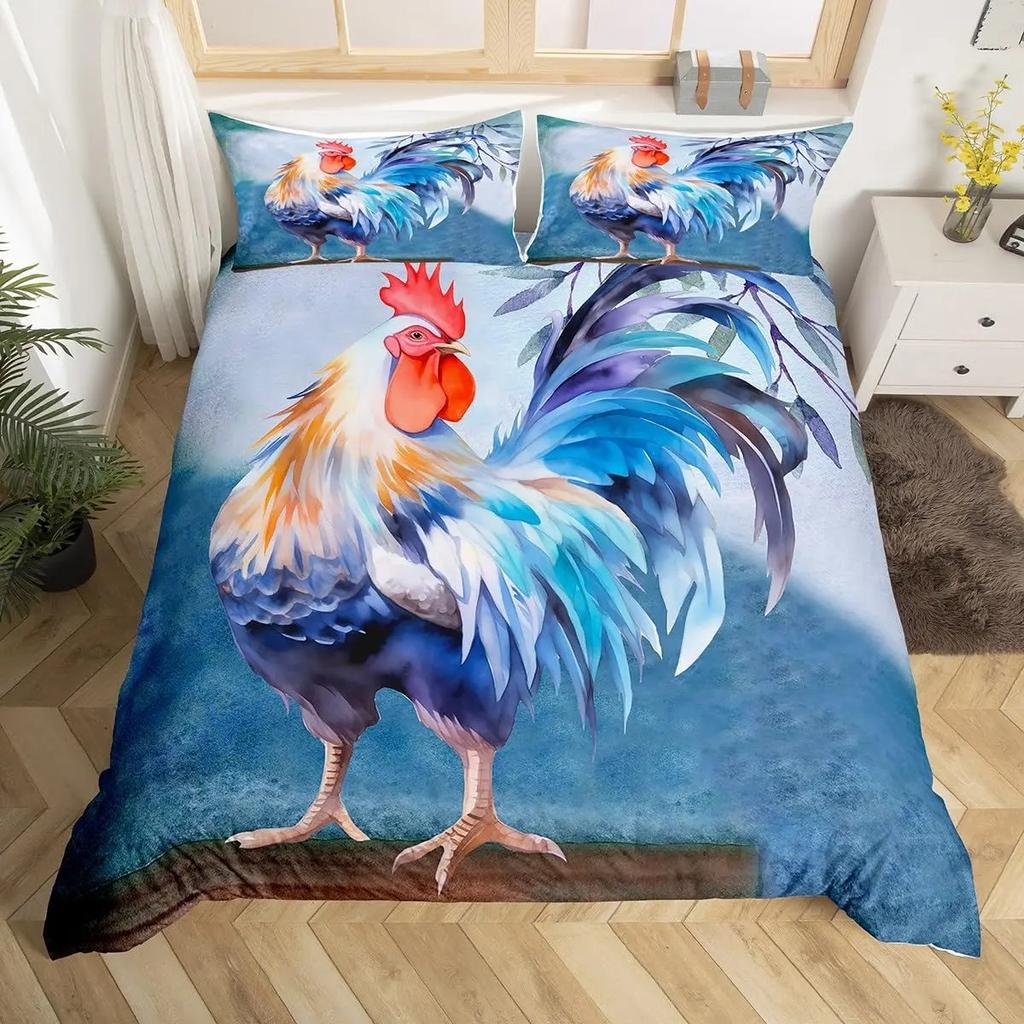 Cute Chicken Duvet Cover King Queen Colorful Rooster Bedding Collection Farm Animal Comforter Cover Funny Rustic Farmhouse Quilt Cover