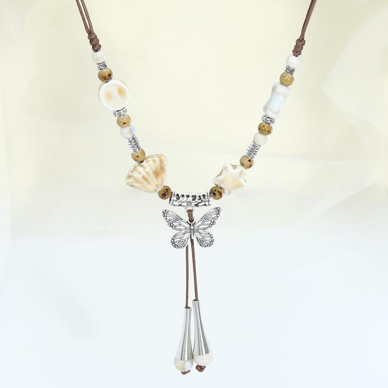 Ceramic Beaded Butterfly Pendant Necklace, Retro Ethnic Style Long Sweater Chain