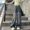 Girls' Pants Spring and Autumn Retro Jean Denim Work Pants Girls' Straight Leg Pants Wide Leg Pants