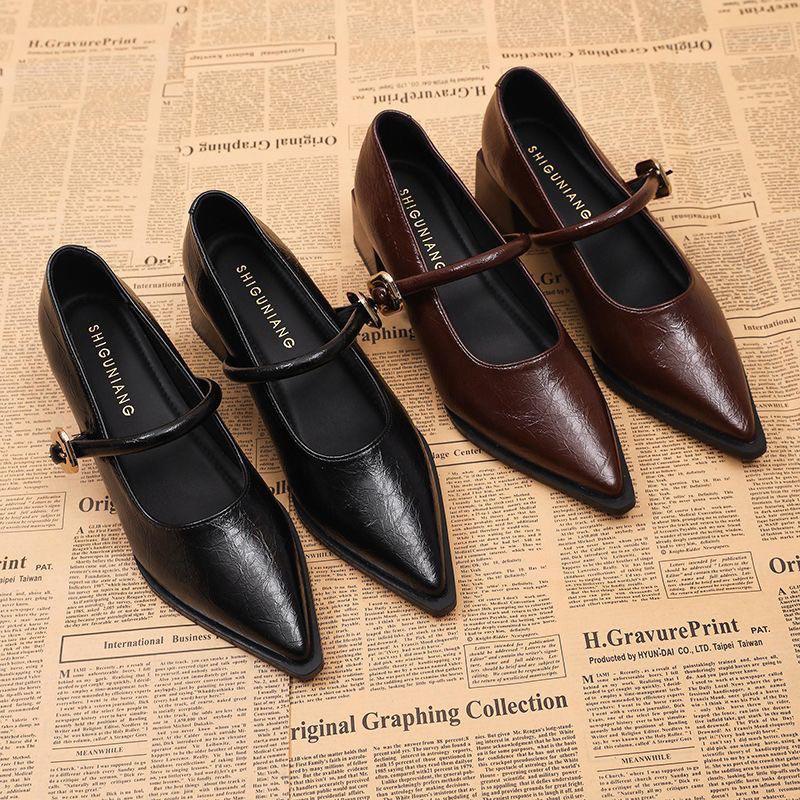 Fashion 2025 New Spring Style Pointed Toe Square Heel Versatile Style Single Shoes Women's Shoes Medium Professional Buckle High Heels