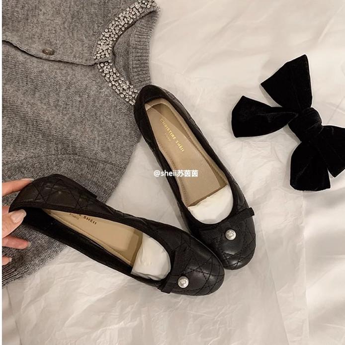 

[Su Yinyin of the same style] Miss Huayang~ Pearl bow lambskin rhombus flat-soled single shoes women s ballet shoes 40 чёрный