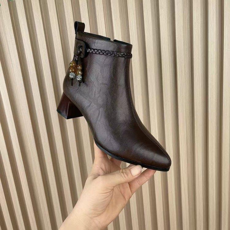 Short boots women's autumn and winter new beaded woven medium heel fashion boots thick heel women's boots soft leather cotton boots women's boots