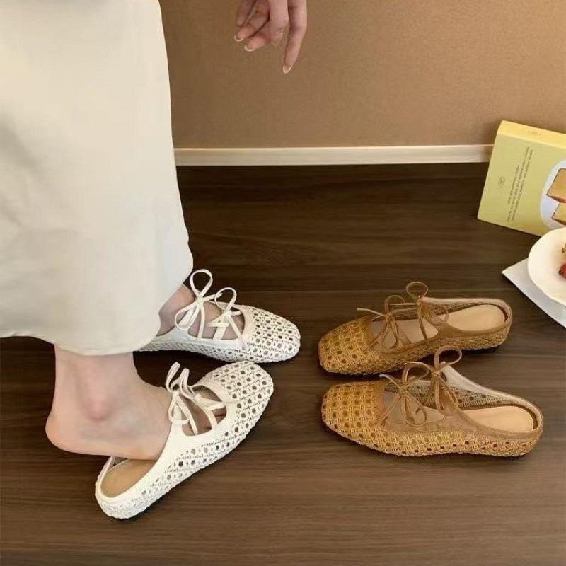 Fashion Women Slippers 2025 Summer New French Braided Hollow Bow Mary Jane Single Shoes with Inner Height Increase Baotou Half Slippers