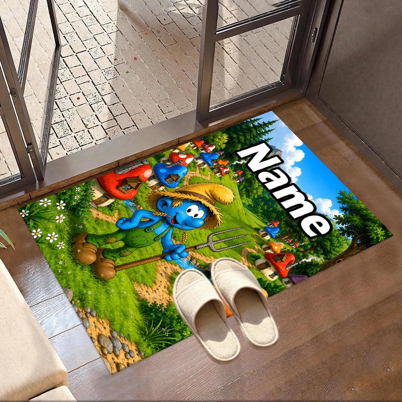 Custom Name Personalized Blue Smurfs Print Carpet, Versatile Home Decor Rug, for Playroom, Apartment, Balcony, Entryway, Hallway Gift