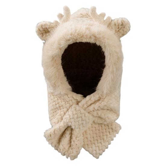 

Зимняя шапка с интегрированным шарфом, декор в виде рогов оленя, плотный плюш, полная защита, вязаный эластичный однотонный головной убор для активного отдыха на открытом воздухе бежевый