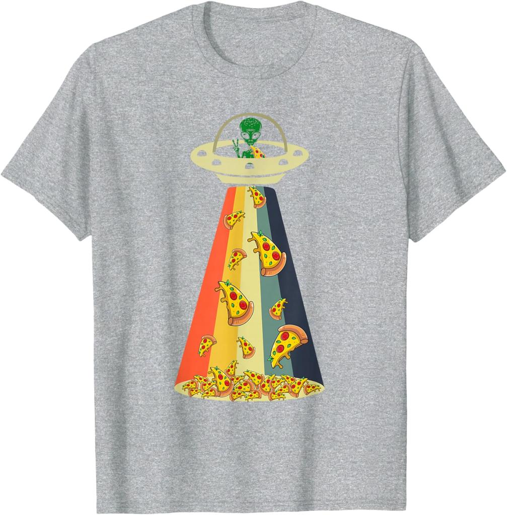Pizza UFO Alien Abduction Graphic Retro Rainbow Light T-Shirt Funny Casual Cotton Tee