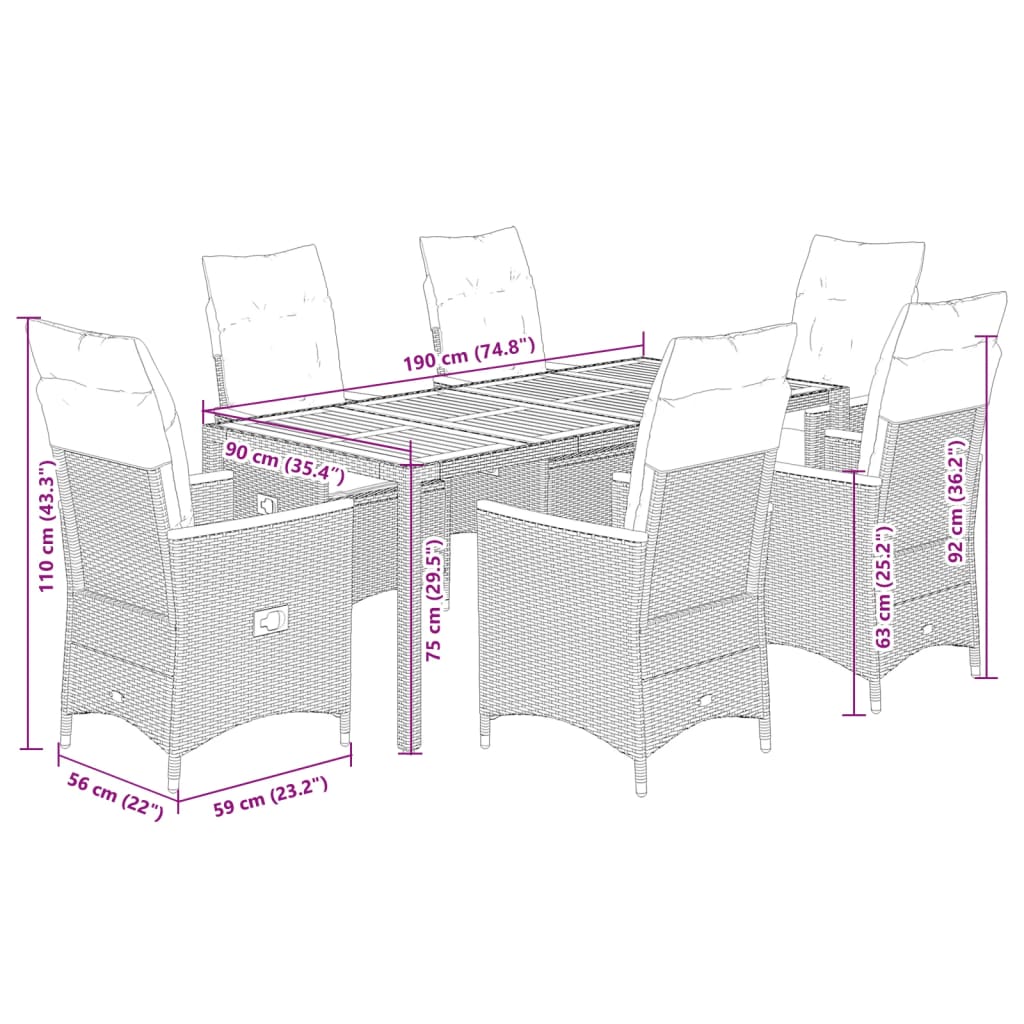 Vidaxl 7-Cz. Garden Furniture Set With Cushions, Black, Poly Rattan