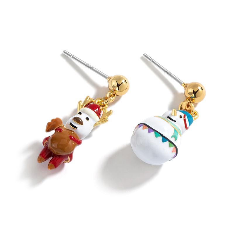 

Guochao Santa Claus & Reindeer 18k Gold Asymmetrical Snowman Christmas Earrings
