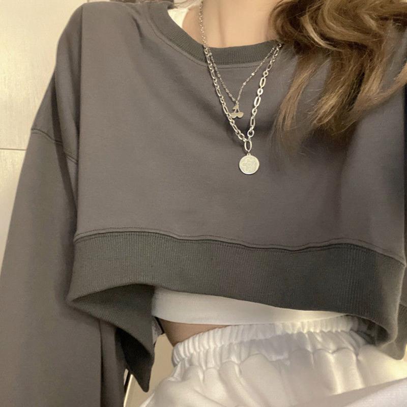 High Waist Short Sweatshirt Women's Loose Long Sleeve T-shirt Top