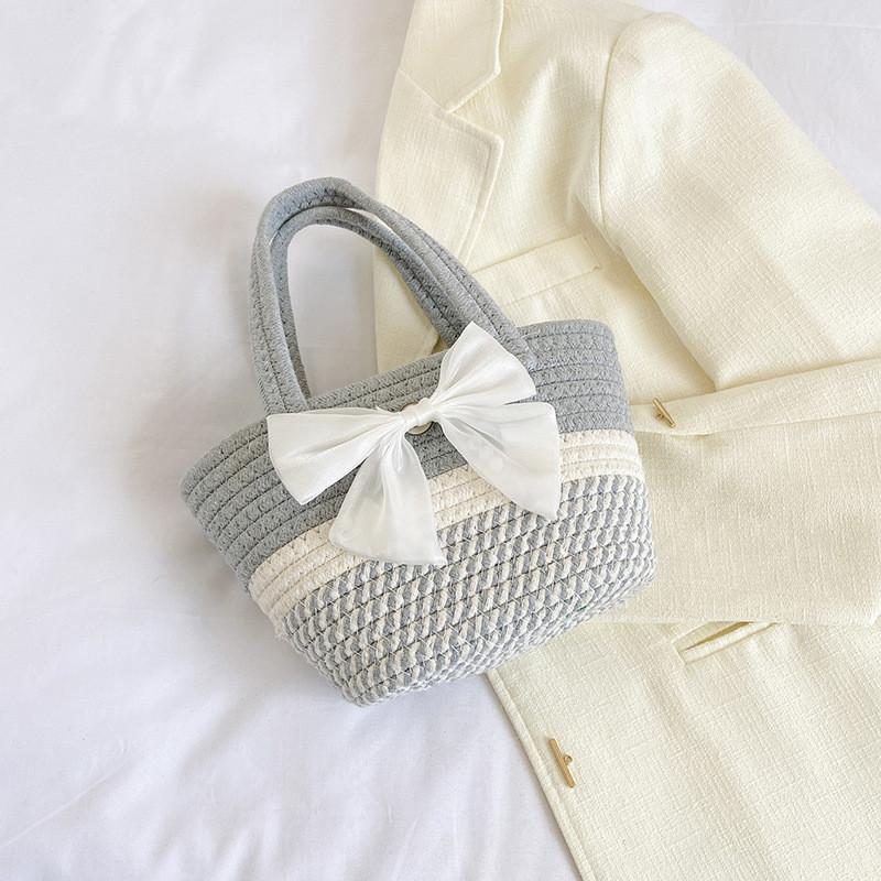 Chic Summer Woven Bucket Bag For Women In Bowknot Pink Gray And Khaki Stylish Colors