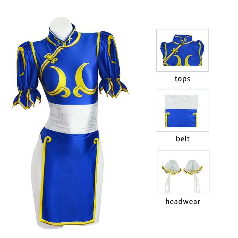 Chun Li Cosplay Dress Costume Game SF Chunli Role Play Blue Qipao Outfit Full Set Jackie Kung fu Halloween Party Suit For Fun