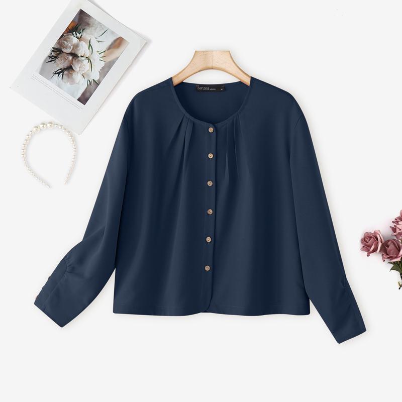 ZANZEA Blusa Casual da Donna a Girocollo a Maniche Lunghe e Ampia a Tinta Unita