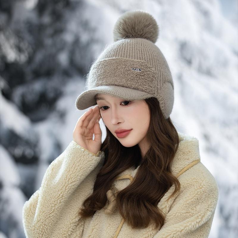 Knitted Wool Hat Women's Autumn and Winter Outdoor Cycling Windproof Hairball Hat Cold-proof Warm Fleece Ear Hat
