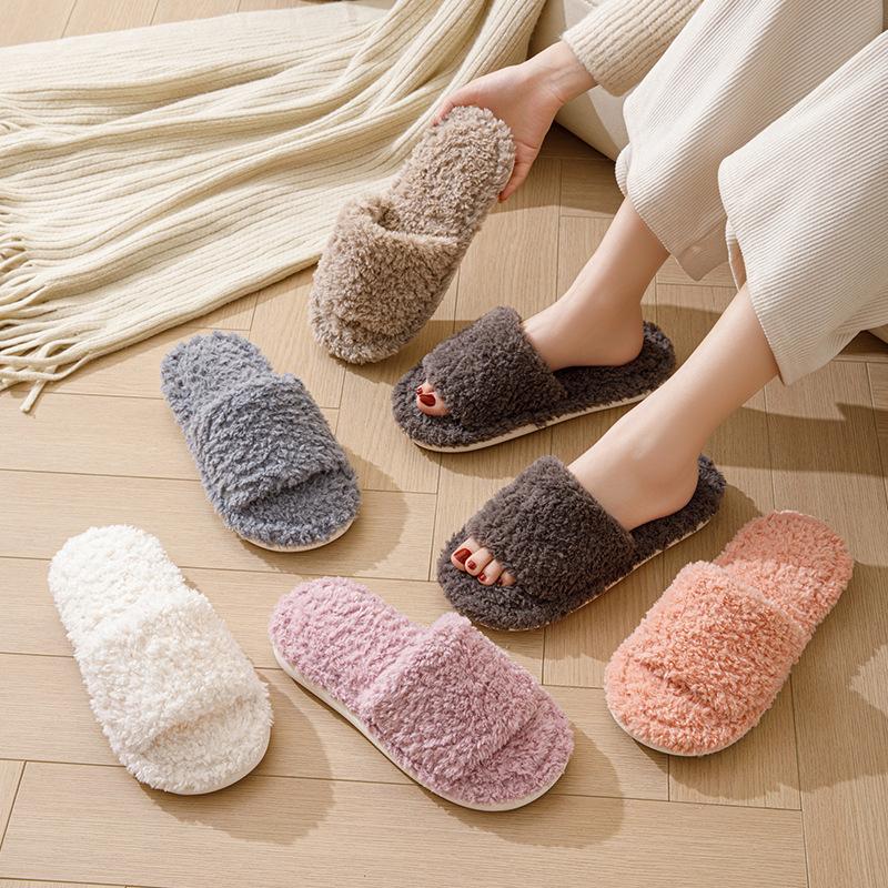 Ins Curly Opening Plush Cotton Slippers for Women At Home Indoor Plush Slippers