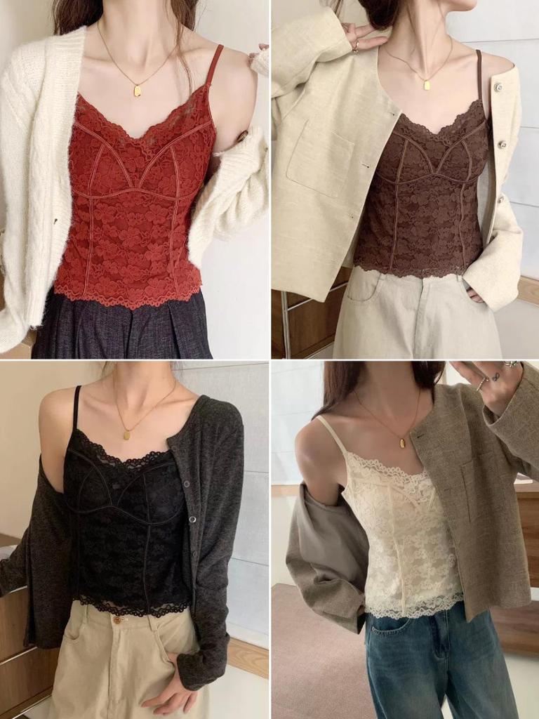 Herbst/Winter Französische Spitze Mit Stäbchen Verstärkte Rückseite Camisole - Warmes, Sexy Girly Basisschicht Top