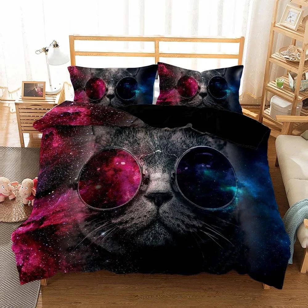 Galaxy Cat Kids Quilt/Duvet Cover With Pillocases Cartoon Animal Comforter Cover Bedding Set Star Sky Pet Child Bed Cover Sets