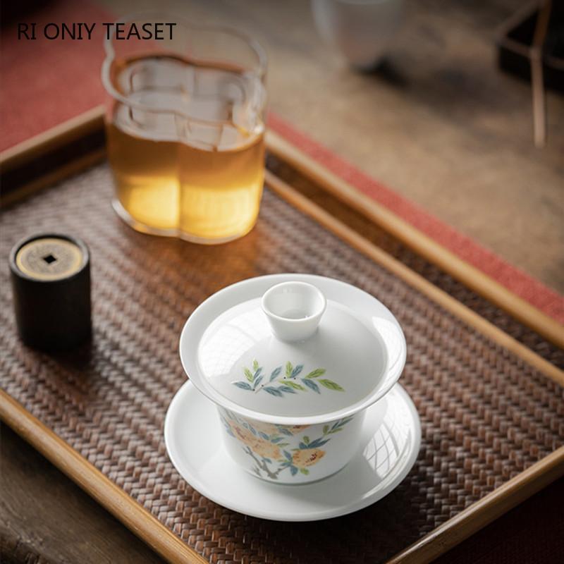 Chinese Ceramic Tea Tureen Handmade Flowers Teacup Suede Jade White Porcelain Gaiwan Travel Portable Tea Bowl Household Tea Set
