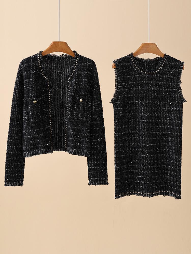 Korean Chic Slim 100% Cashmere Knit Cardigan Dress Set - Skin-Friendly Women's Wear