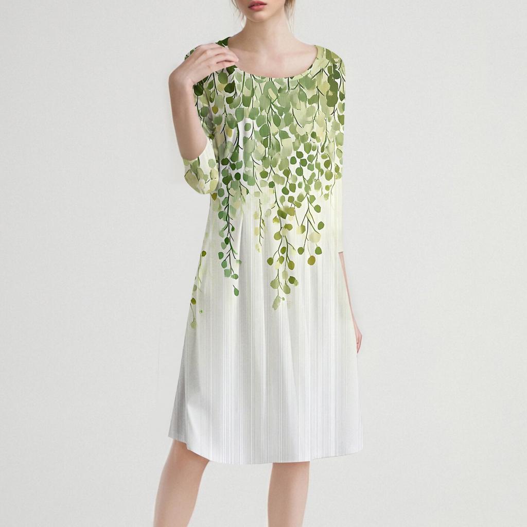Women's Casual Fashion Round Neck Three Quarter Sleeve Print Midi Dress