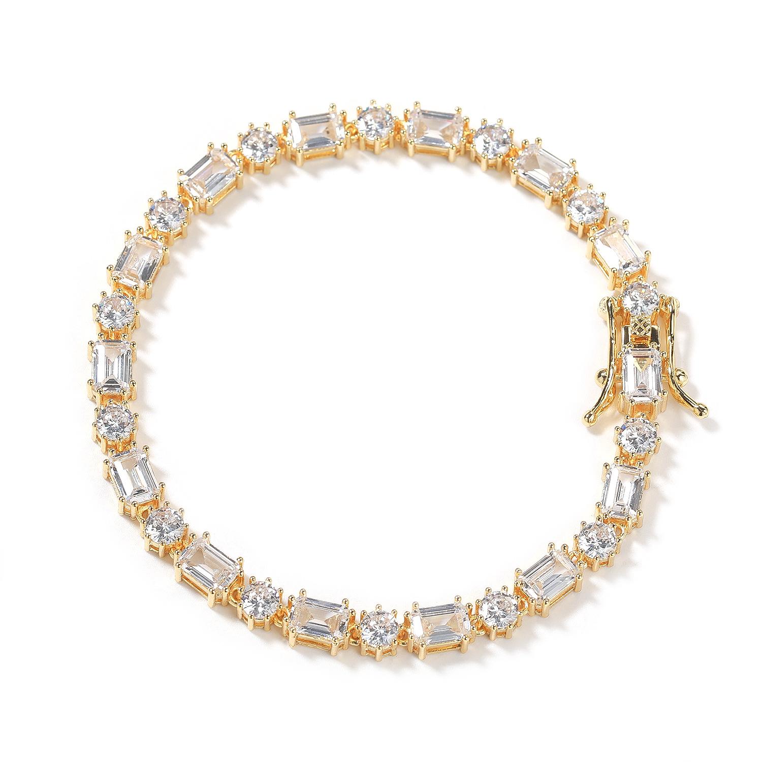 2026 Европейский и Американский Квадратный Круглый Смешанный Циркониевый Браслет-теннис, Высококачественный Циркониевый Браслет, Нишевый Рядный Алмазный Браслет 18CM золотой