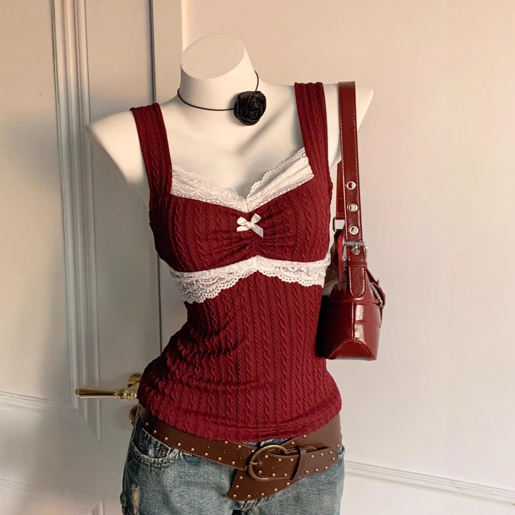 Женский топ-камисоль в стиле Y2K с кружевной отделкой и бантом, без рукавов, облегающий XXL бордовый