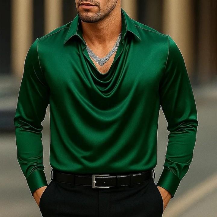 Casual Heren Satijn Zijde Dress Shirts Lange Mouw Sociaal Single Breasted Knoop Turn-Down Kraag Shirts Bruiloftsfeest Herenkleding