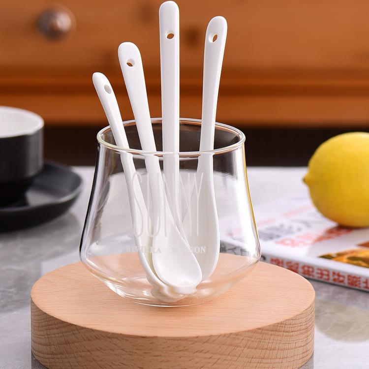 Pure White Ceramic Long Handle Spoon for Coffee, Seasoning, and Condiments