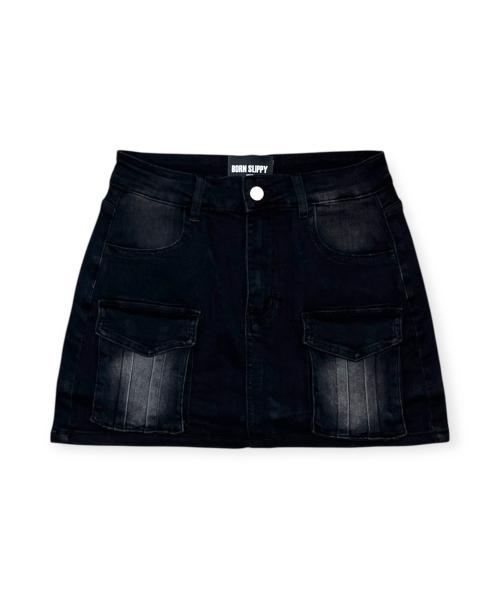 Bonseullipi Vintage Wash Cargo Skirt (Black)