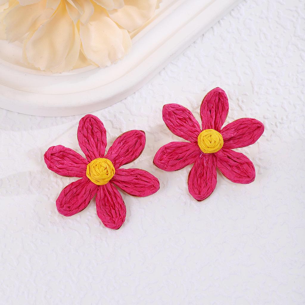 Dopamine Colored Flower Earrings, Vacation Wind Bohemian Wind Contrasting Color Raffia Earrings Women