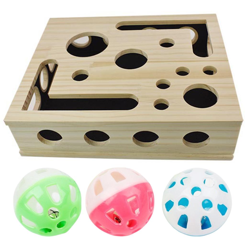 Interactive Wooden Cat Puzzle Toy with 3 Balls Tunnel Bell Ball Indoor Hunting Entertainment Play Toy for Kittens Training Box