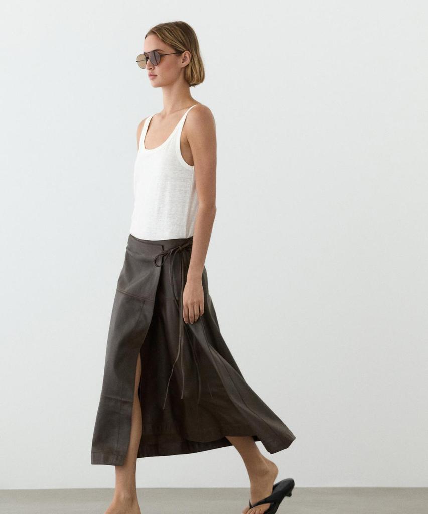 Masimodutti Napa Leather Bow Detail Midi Skirt